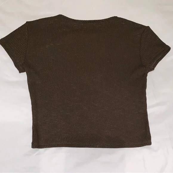 Women's Ribbed Short-Sleeve Crop Top in Olive Brown - Picture 3 of 4